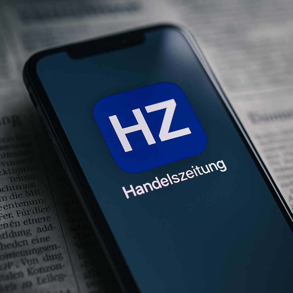 Immagine simbolica: la Handelszeitung come app su smartphone, fotografata su carta da giornale tradizionale - un simbolo del cambiamento nel consumo dei media e della digitalizzazione del giornalismo economico.