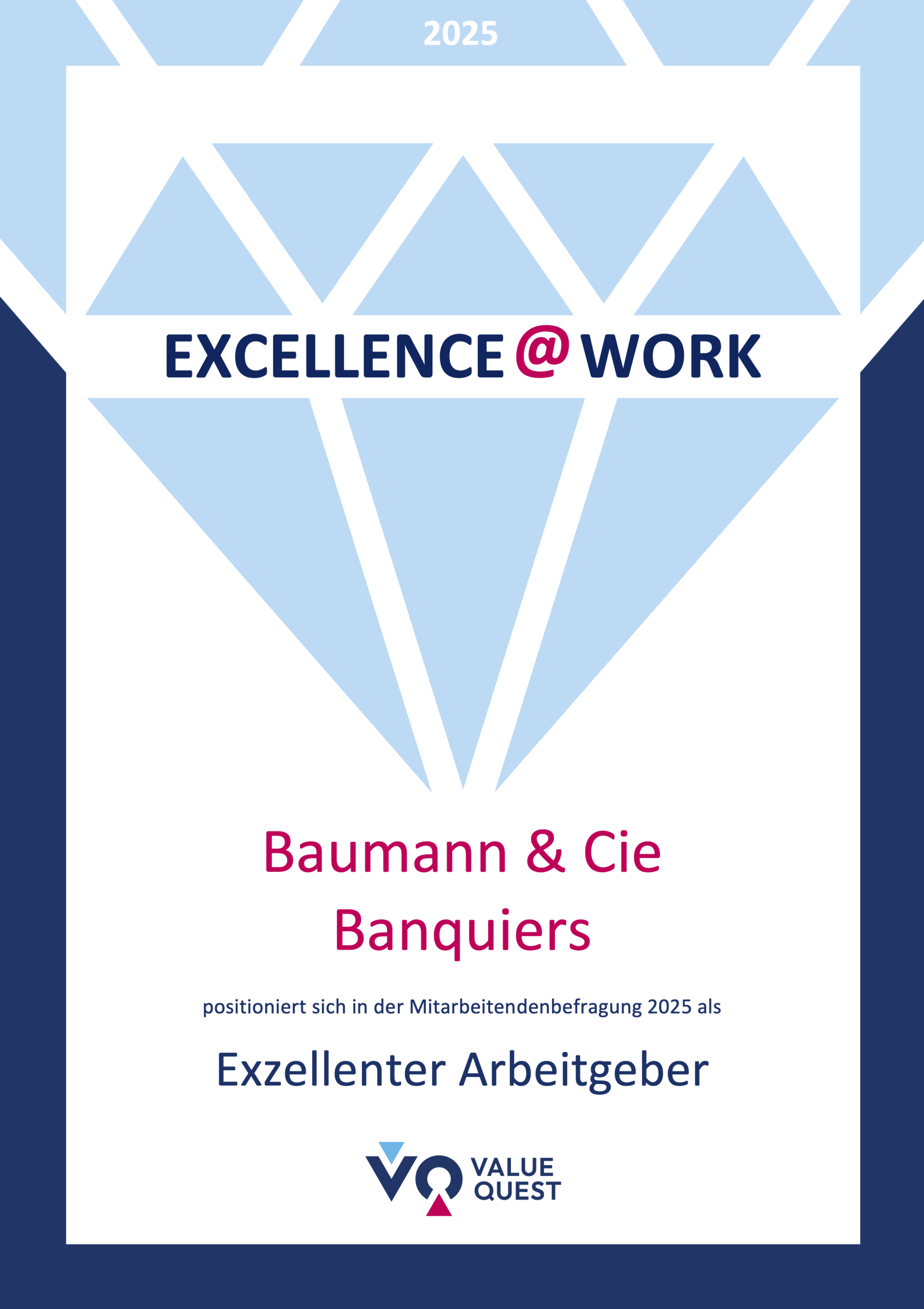 Certificat avec un fond bleu clair et blanc en forme de diamant et la mention "EXCELLENCE @ WORK" ; en dessous, le texte "Baumann &amp; Cie Banquiers se positionne comme un excellent employeur dans l'enquête auprès des collaborateurs 2025" ainsi que le logo Value Quest.