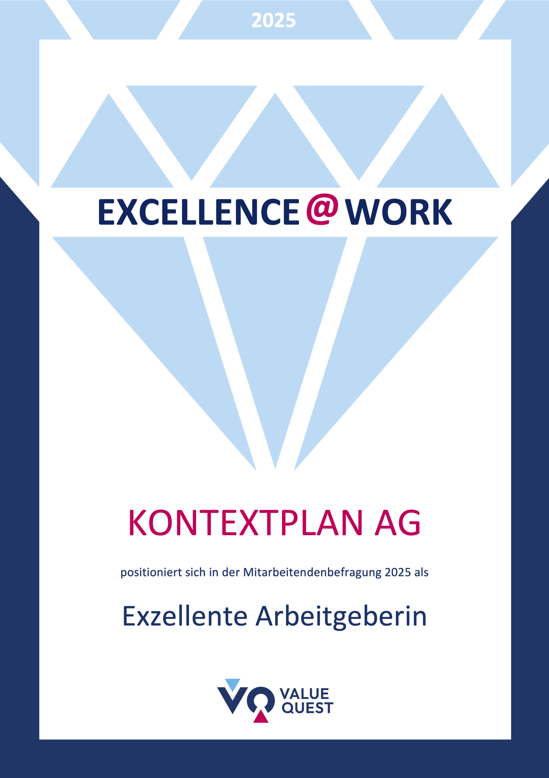 Distinction Excellence@Work 2025 pour Kontextplan AG en tant qu'excellent employeur, basée sur une enquête de ValueQuest auprès des collaborateurs.