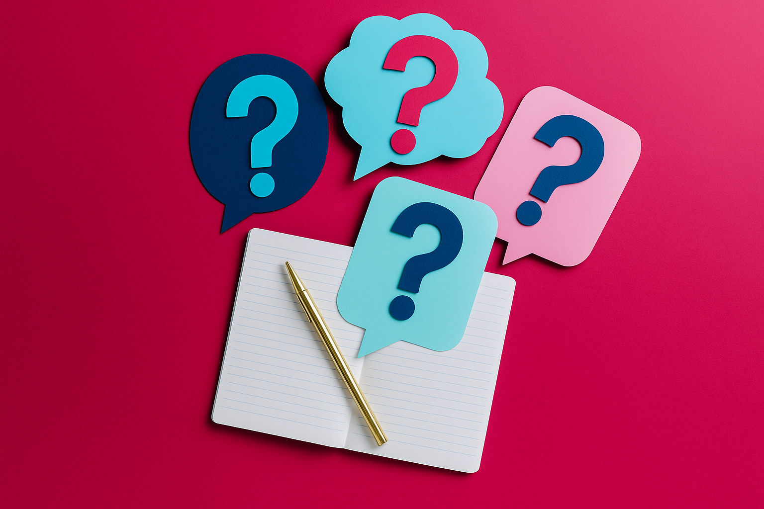 Bolle di dialogo con punti interrogativi nei colori di ValueQuest sopra un taccuino con biro.