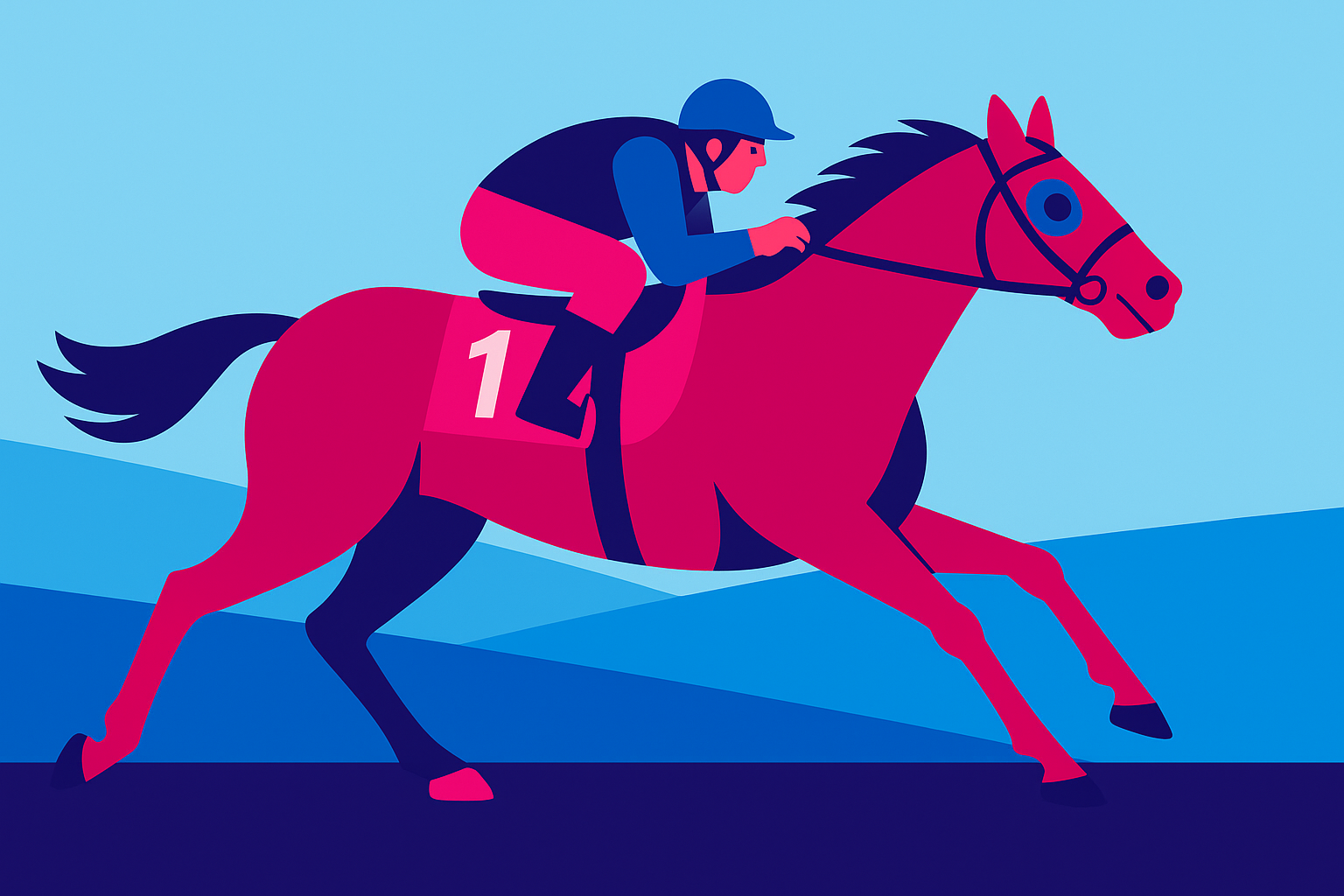 Illustration eines Jockeys auf einem rennenden Pferd in ValueQuest Farben, Symbol für Leistungsentwicklung und optimale Rahmenbedingungen