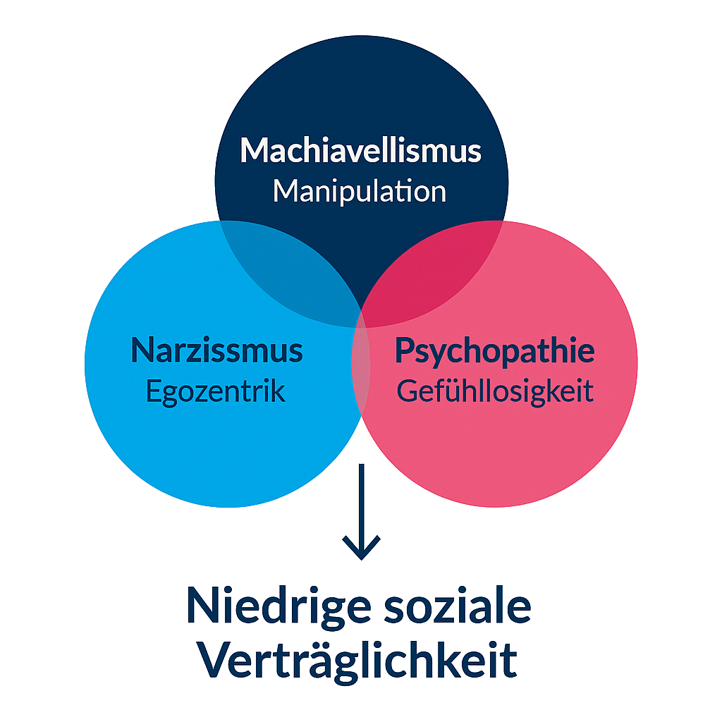 Venn-Diagramm zur „Dunklen Triade“: Narzissmus (grandioses Selbst), Psychopathie (Empathielosigkeit) und Machiavellismus (manipulatives Ausnutzen) mit Fokus auf deren Schnittmenge – geringe soziale Verträglichkeit.
