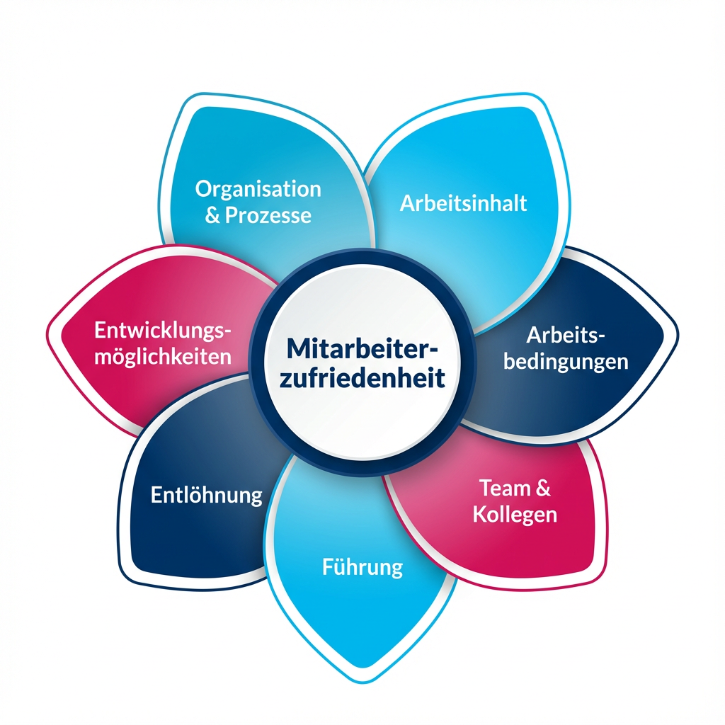 Blumenähnliche Grafik mit zentralem Kreis „Mitarbeiterzufriedenheit“ und sieben Teilbereichen: Arbeitsinhalt, Arbeitsbedingungen, Team & Kolleginnen, Führung, Entlöhnung, Entwicklungsmöglichkeiten sowie Organisation & Prozesse.